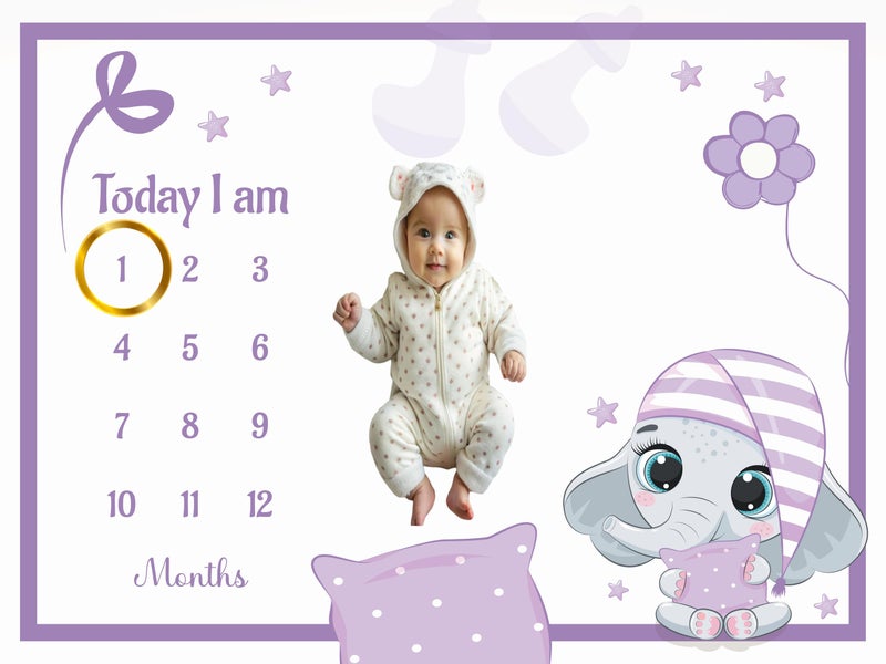 Hoolloomooloo Hoolloomooloo Baby Monthly Milestone Blanket | Sleepy Elephant Design | 1-12 Months | Soft All-Season Blanket | Includes Golden Ring & 15 Milestone Cards | Growth Tracker & Photoshoot Prop | 120x90 cm  - Image 2