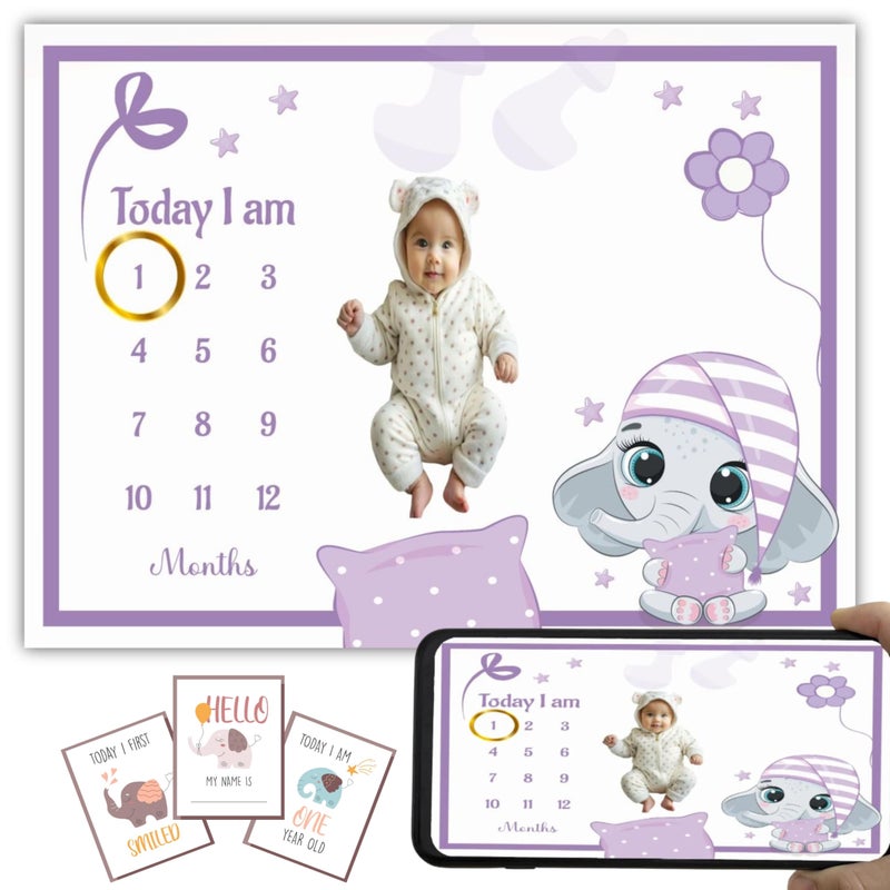 Hoolloomooloo Hoolloomooloo Baby Monthly Milestone Blanket | Sleepy Elephant Design | 1-12 Months | Soft All-Season Blanket | Includes Golden Ring & 15 Milestone Cards | Growth Tracker & Photoshoot Prop | 120x90 cm  - Image 1