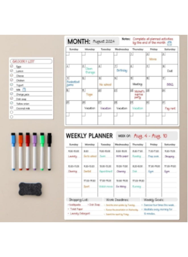 Arabest 3 Pack Dry Erase Magnetic Calendar for Refrigerator - Monthly, Weekly, Daily Calendar With 6 Markers - Magnet Fridge Whiteboard for Reminder, Menu Meal Planner, Shopping, To Do List - Style 1 - Image 1