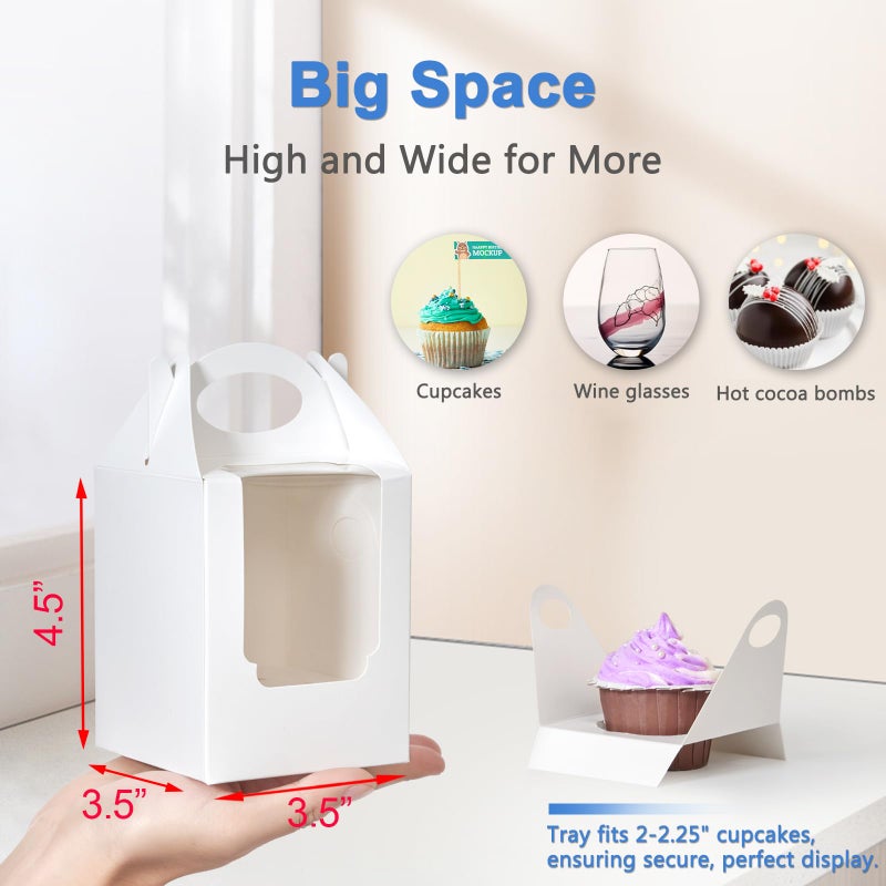 Shallive Cupcake Boxes 50 pcs, Individual Cupcake Containers White with Window Insert and Handle, Pastry Box Single Muffins Holder Disposable for Bakery Wrapping Party Favor Packaging - Image 4