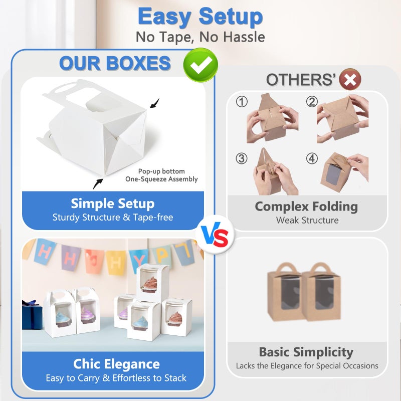 Shallive Cupcake Boxes 50 pcs, Individual Cupcake Containers White with Window Insert and Handle, Pastry Box Single Muffins Holder Disposable for Bakery Wrapping Party Favor Packaging - Image 3