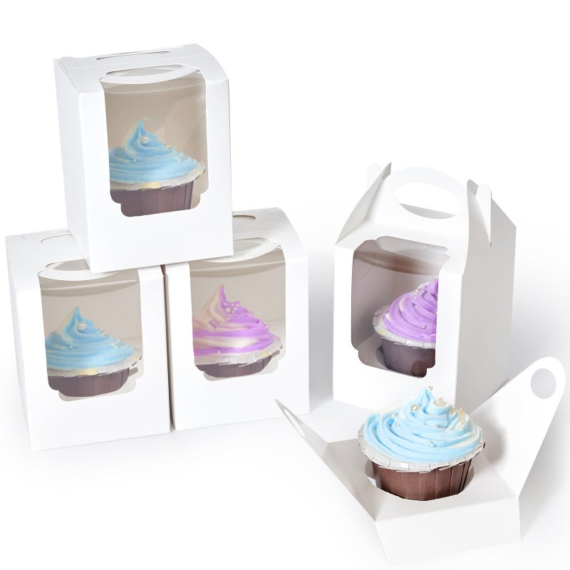 Shallive Cupcake Boxes 50 pcs, Individual Cupcake Containers White with Window Insert and Handle, Pastry Box Single Muffins Holder Disposable for Bakery Wrapping Party Favor Packaging - Image 1