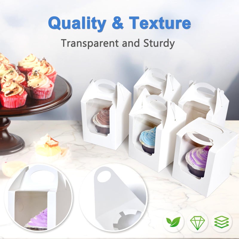 Shallive Cupcake Boxes 50 pcs, Individual Cupcake Containers White with Window Insert and Handle, Pastry Box Single Muffins Holder Disposable for Bakery Wrapping Party Favor Packaging - Image 5