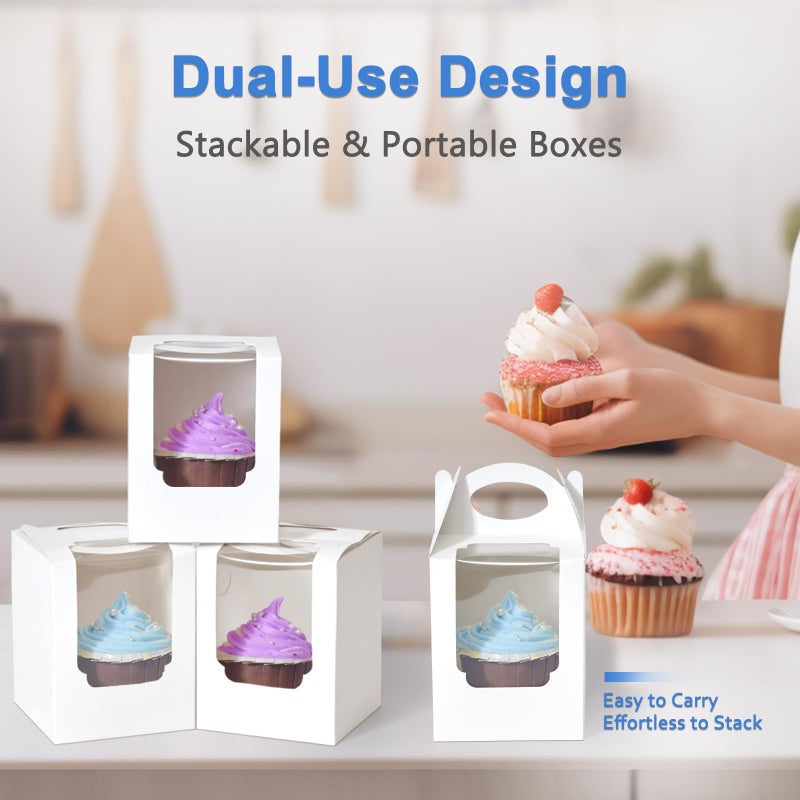 Shallive Cupcake Boxes 50 pcs, Individual Cupcake Containers White with Window Insert and Handle, Pastry Box Single Muffins Holder Disposable for Bakery Wrapping Party Favor Packaging - Image 2