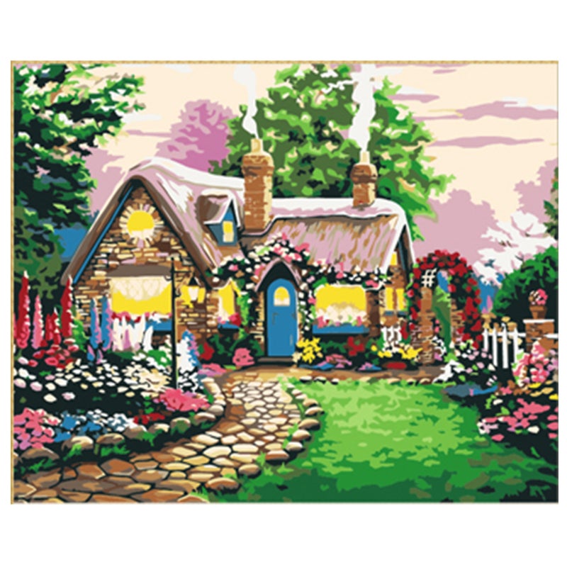 16 x 20 Inch DIY Oil Painting on Canvas Paint by Number Kit Fairy Tale House Pattern for Adults Kids Beginner Craft Home Wall Decor Gift Frameless - Image 1