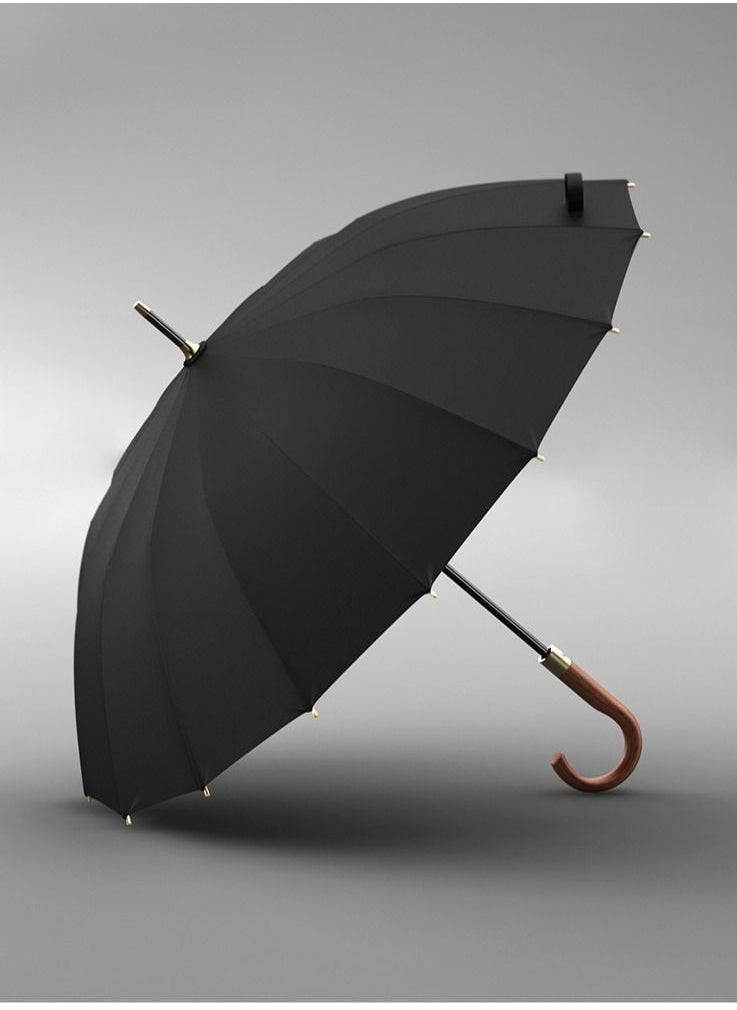 Loquat - Lun Light Luxury Retro Wood Handle 16 Bone Thick Umbrella Bone Strong Storm Storm Umbrella Black - Image 1