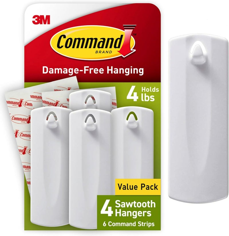 Command Sawtooth Picture Hangers, Damage Free Hanging Frame Hangers, No Tools Wall Hooks for Hanging Sawtooth Frames in Living Spaces, 4 White Picture Frame Hangers and 8 Strips - Image 1