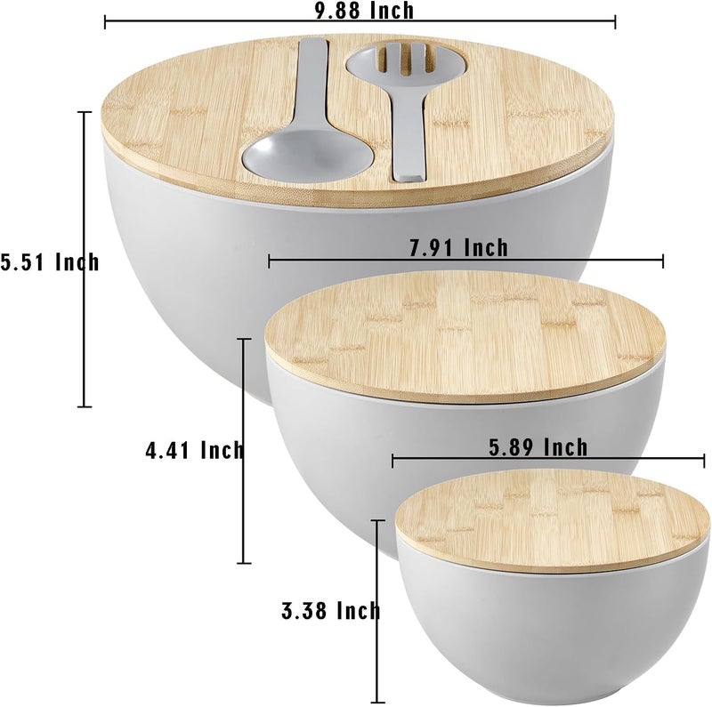 ECOWAY Salad Bowls Set of 3 with Lid  Serving Utensils Bamboo Fiber Mixing Bowls Set Large Serving Bowls  Storage Set with Bamboo Lid for Salad Kitchen Eating Pasta Popcorn Chips Fruit Grey - Image 4