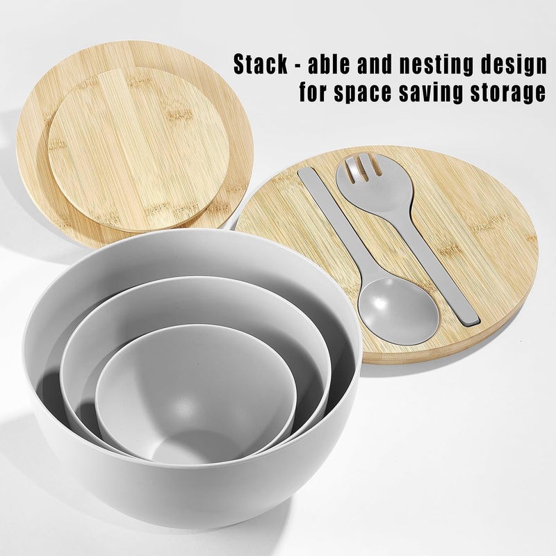 ECOWAY Salad Bowls Set of 3 with Lid  Serving Utensils Bamboo Fiber Mixing Bowls Set Large Serving Bowls  Storage Set with Bamboo Lid for Salad Kitchen Eating Pasta Popcorn Chips Fruit Grey - Image 2