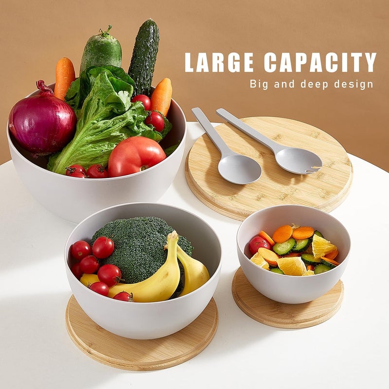 ECOWAY Salad Bowls Set of 3 with Lid  Serving Utensils Bamboo Fiber Mixing Bowls Set Large Serving Bowls  Storage Set with Bamboo Lid for Salad Kitchen Eating Pasta Popcorn Chips Fruit Grey - Image 3