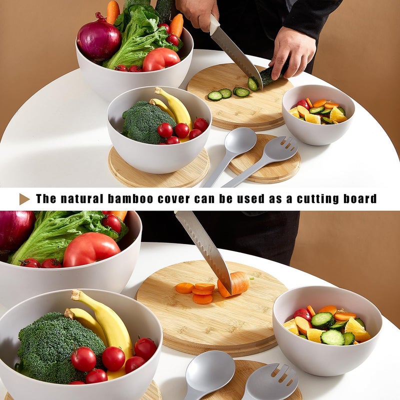 ECOWAY Salad Bowls Set of 3 with Lid  Serving Utensils Bamboo Fiber Mixing Bowls Set Large Serving Bowls  Storage Set with Bamboo Lid for Salad Kitchen Eating Pasta Popcorn Chips Fruit Grey - Image 5