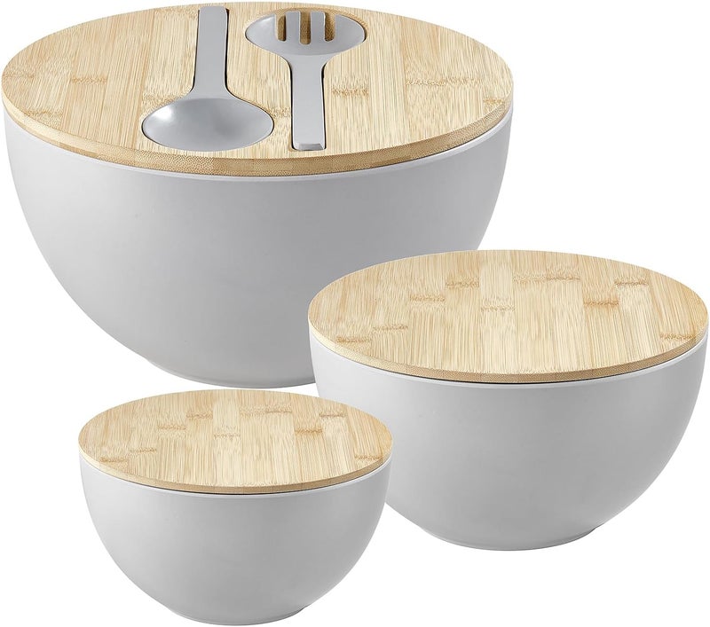 ECOWAY Salad Bowls Set of 3 with Lid  Serving Utensils Bamboo Fiber Mixing Bowls Set Large Serving Bowls  Storage Set with Bamboo Lid for Salad Kitchen Eating Pasta Popcorn Chips Fruit Grey - Image 1
