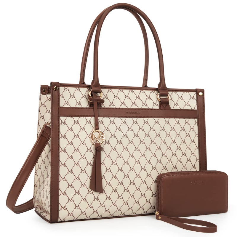 Missnine Missnine Laptop Tote Bag 15.6 inch Laptop Bag Stylish Briefcase for Women Work Shoulder Bags with Clutch Wallet 2 PCS Set (Dark Beige)  - Image 1