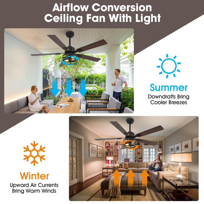 Vaczon 52" Farmhouse Ceiling Fans with Lights and Remote, Outdoor Ceiling Fan Dual Finish 5 Blades 6-Speed Quiet and Reversible DC Motor, Ceiling Fan with Light for Bedroom Living Room and Patio - Image 4