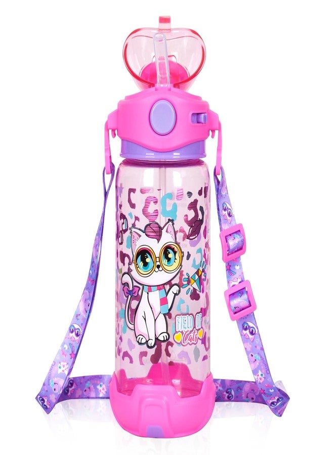 YOYTOO Kids Water Bottle with Straw/Lanyard for School Kids Girls Boys, 22 oz BPA Free Child Drinking Water Bottle One-Click-Open Leak-Proof Locking Flip Lid for Back to School Sport Travel (Cat) - Image 1