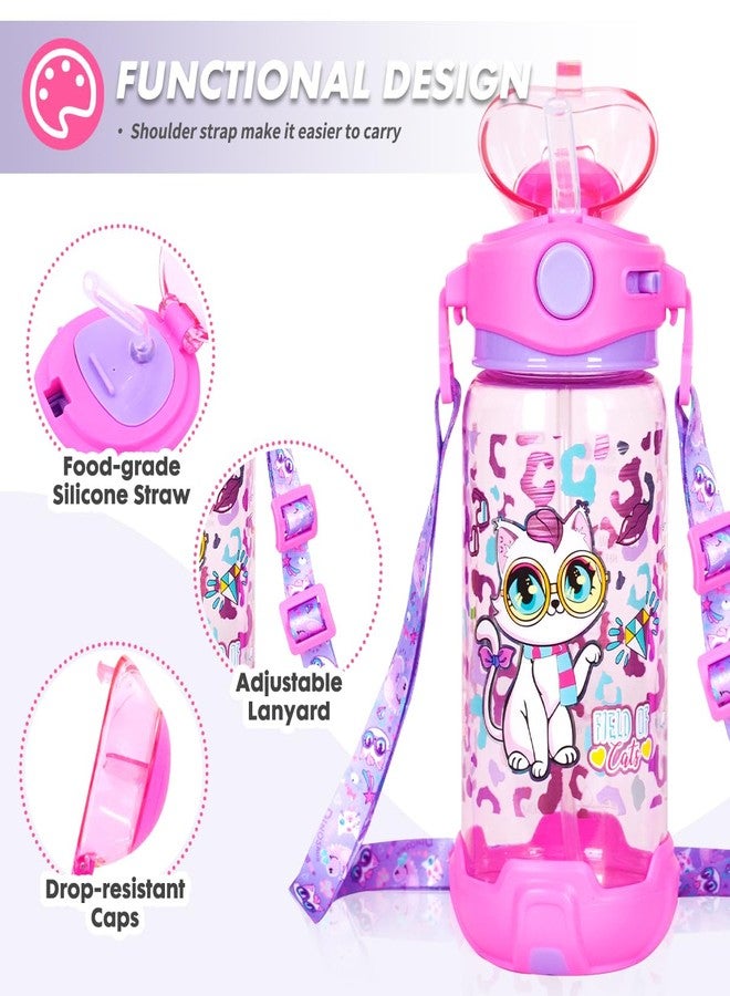 YOYTOO Kids Water Bottle with Straw/Lanyard for School Kids Girls Boys, 22 oz BPA Free Child Drinking Water Bottle One-Click-Open Leak-Proof Locking Flip Lid for Back to School Sport Travel (Cat) - Image 2