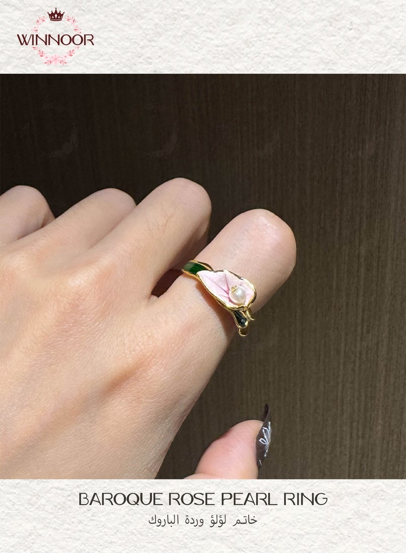 WINNOOR Enamel Petal Pearl Ring, Adjustable Gold-Plated Copper, Natural Pearl Accent, Artistic Floral Design, with Free Anti-Oxidation Jewelry Box - Image 1