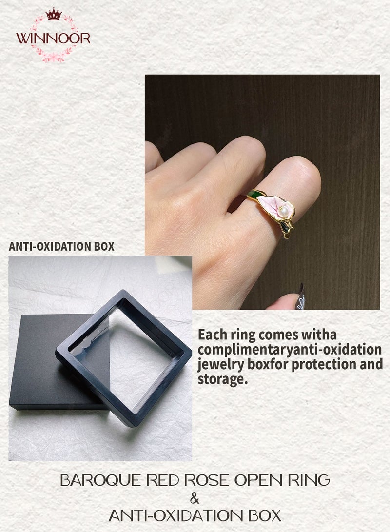 WINNOOR Enamel Petal Pearl Ring, Adjustable Gold-Plated Copper, Natural Pearl Accent, Artistic Floral Design, with Free Anti-Oxidation Jewelry Box - Image 3