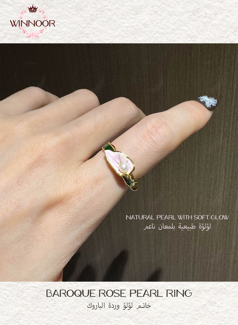 WINNOOR Enamel Petal Pearl Ring, Adjustable Gold-Plated Copper, Natural Pearl Accent, Artistic Floral Design, with Free Anti-Oxidation Jewelry Box - Image 2