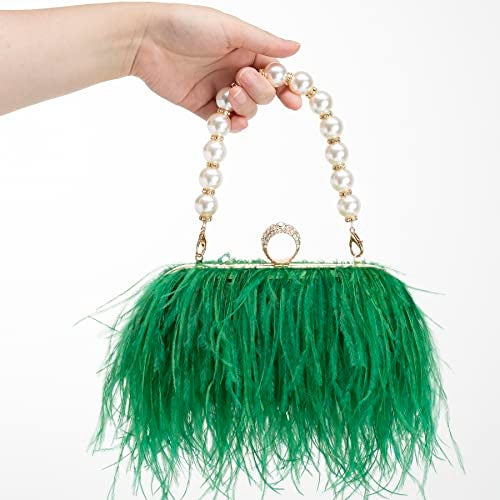 Menurra Women Real Natural Ostrich Feather Evening Bags Purses Clutch Vintage Banquet Handbag (green) - Image 4