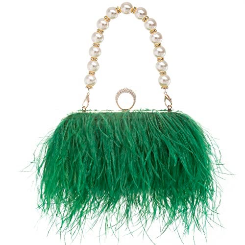 Menurra Women Real Natural Ostrich Feather Evening Bags Purses Clutch Vintage Banquet Handbag (green) - Image 1