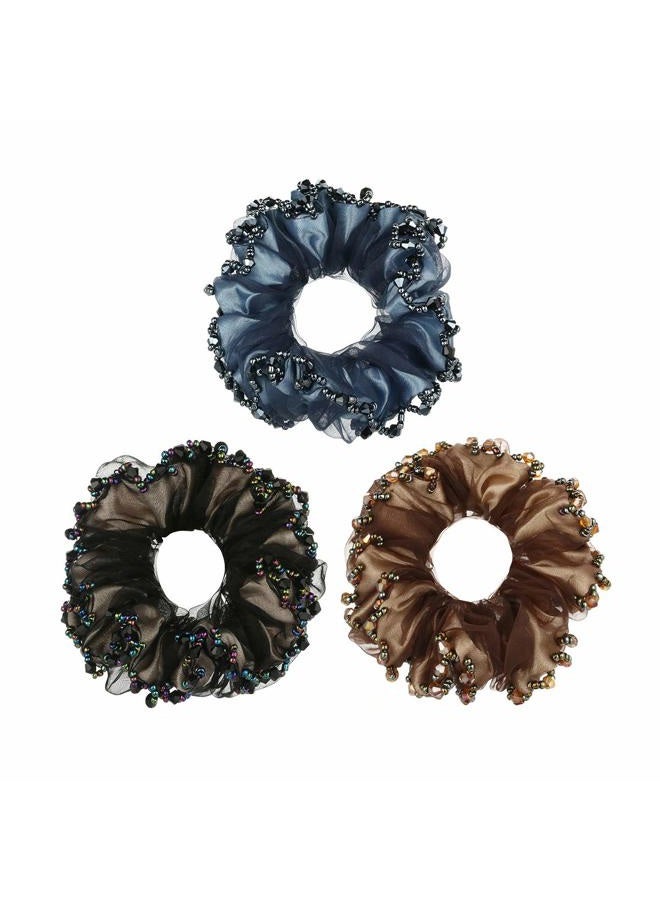 Cottvott 3/pack Chiffon Hair Rope Yarn Beads Hair Ties Women Hair Accessories Scrunchies (blue-black-coffee) - Image 1