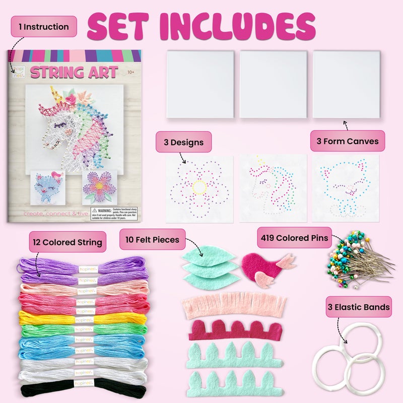 Hapinest String Art Craft Kit for Kids Ages 10-12 and Up, 3D String Art Kit Crafts for Teens, Birthday Gifts for Tween Girls Ages 10 11 12 Years Old and Up, Makes 3 Designs - Unicorn, Cat, and Flower - Image 2