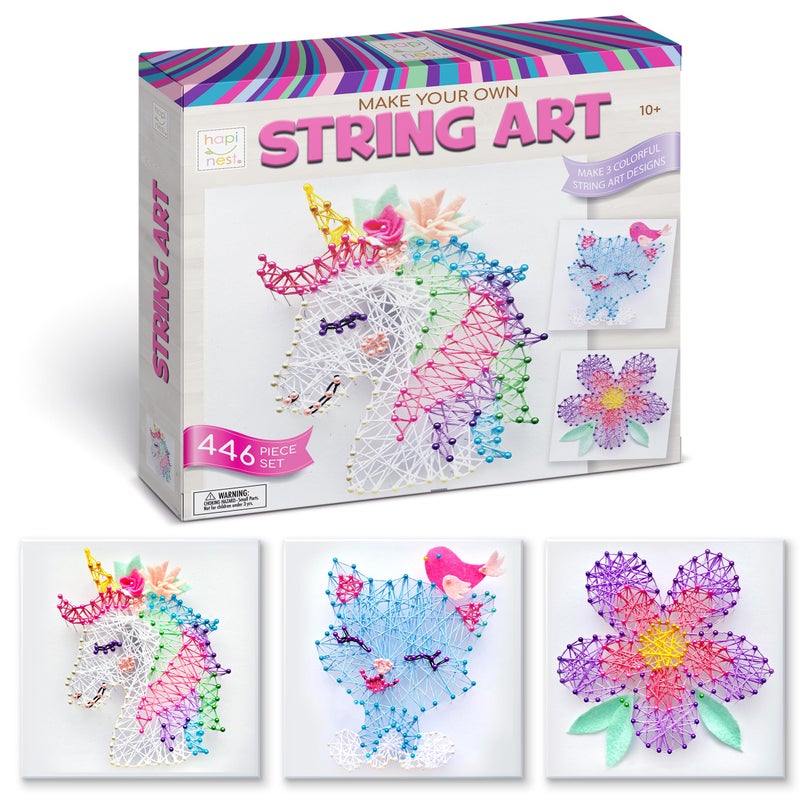 Hapinest String Art Craft Kit for Kids Ages 10-12 and Up, 3D String Art Kit Crafts for Teens, Birthday Gifts for Tween Girls Ages 10 11 12 Years Old and Up, Makes 3 Designs - Unicorn, Cat, and Flower - Image 1