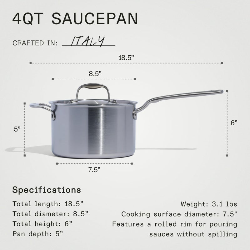 Madein Made In Cookware - 2 Quart Stainless Steel Saucepan with Lid - 5 Ply Stainless Clad Sauce Pan - Professional Cookware - Crafted in Italy - Induction Compatible - Image 5