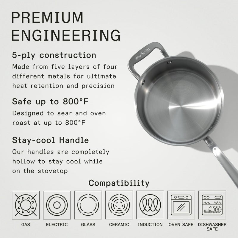 Madein Made In Cookware - 2 Quart Stainless Steel Saucepan with Lid - 5 Ply Stainless Clad Sauce Pan - Professional Cookware - Crafted in Italy - Induction Compatible - Image 3