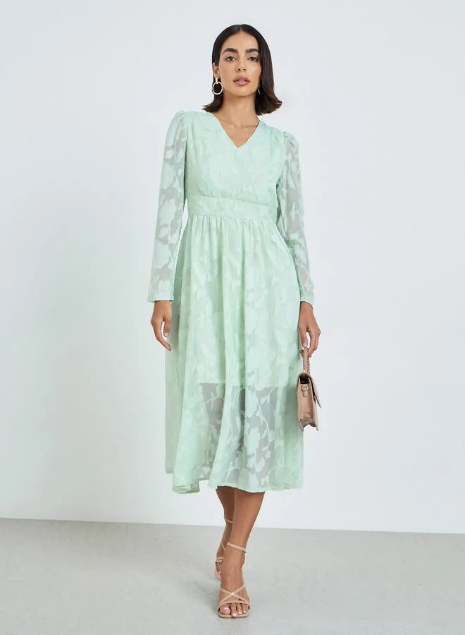 Green Floral Jacquard A-Line Midi Dress
