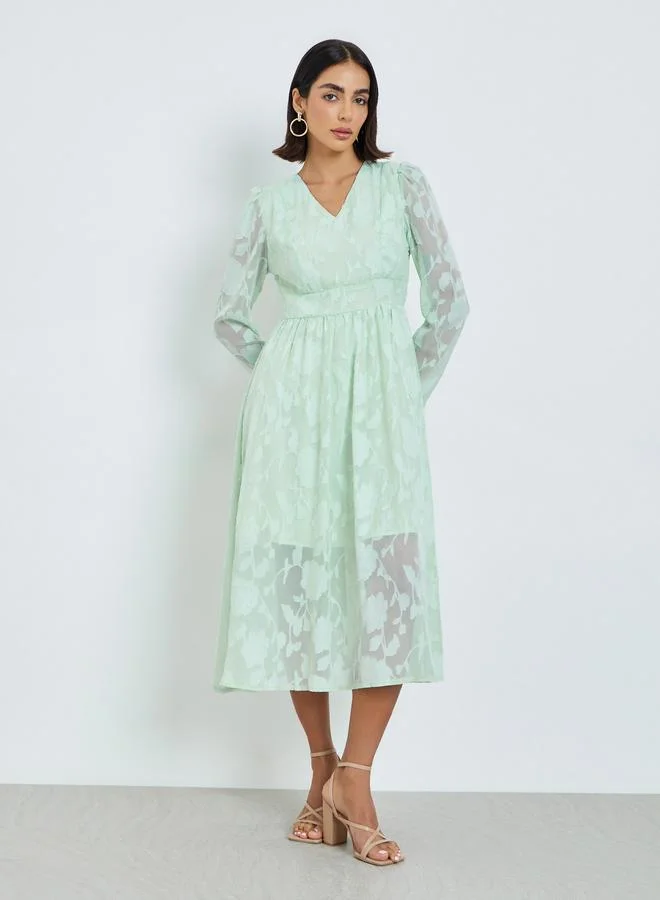 Styli  Green Floral Jacquard A-Line Midi Dress for Women | Best Price UAE
