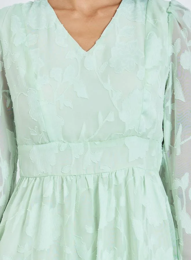 Styli  Green Floral Jacquard A-Line Midi Dress for Women | Best Price UAE