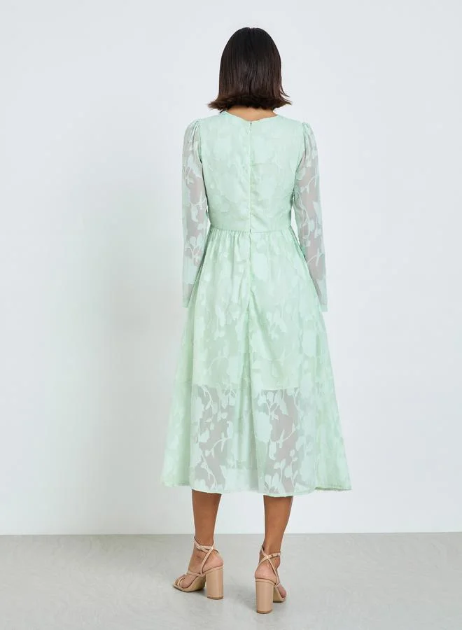 Styli  Green Floral Jacquard A-Line Midi Dress for Women | Best Price UAE