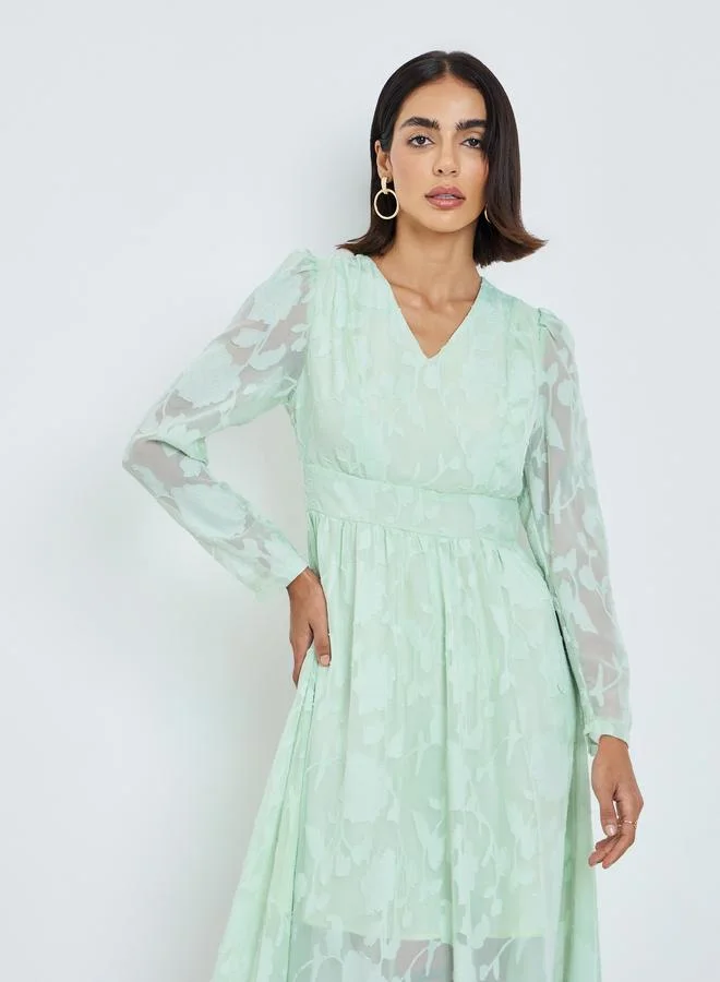 Styli  Green Floral Jacquard A-Line Midi Dress for Women | Best Price UAE