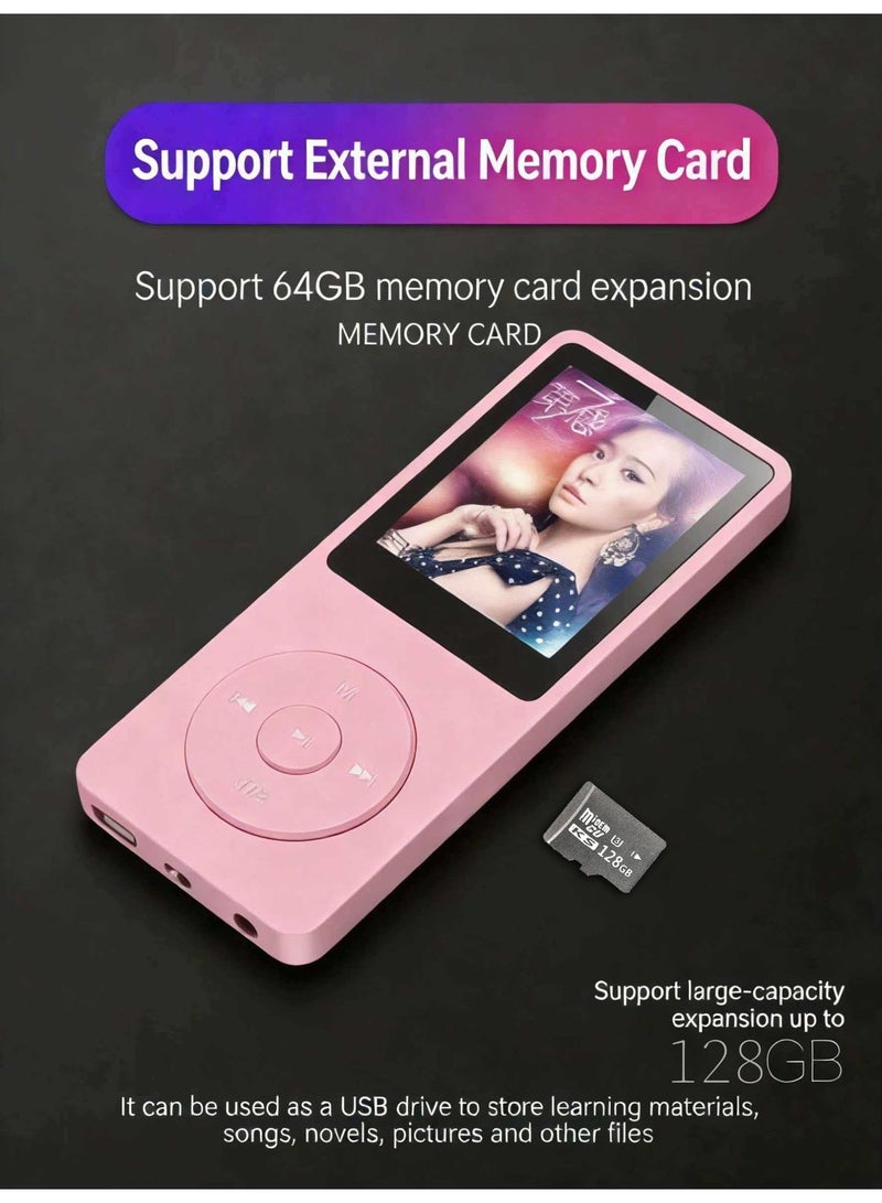 Egolav Bluetooth MP3 player, equipped with 128GB memory card, 1.8-inch display, built-in speaker, FM radio support, recording, e-book compatibility. Specially designed for sports and running, good gifts, friends/classmates/birthday gifts, portable media player (pink) - Image 4