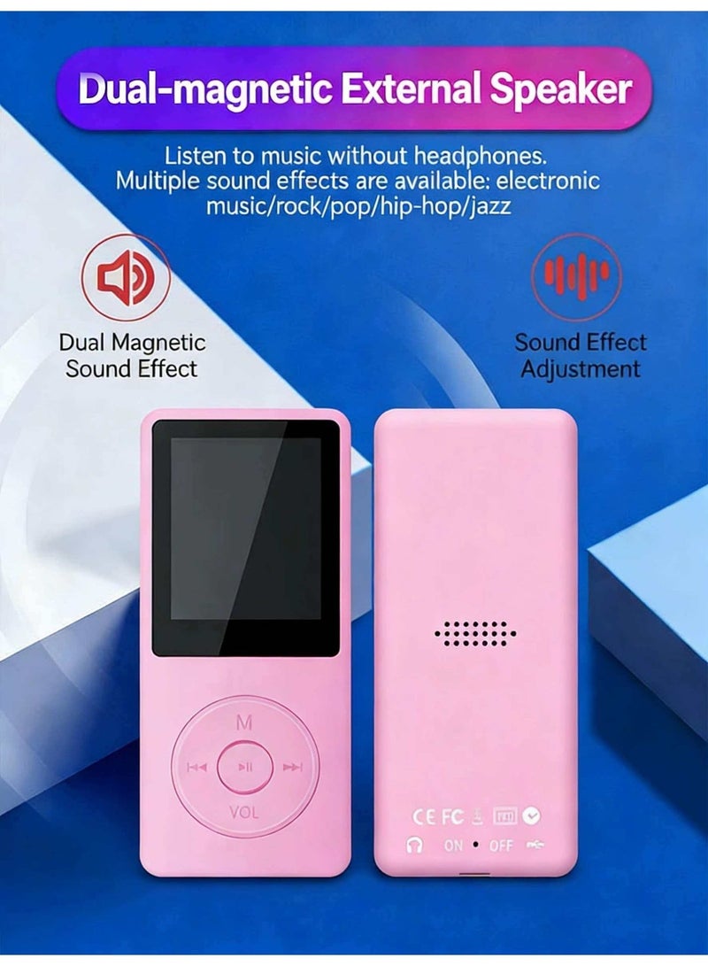 Egolav Bluetooth MP3 player, equipped with 128GB memory card, 1.8-inch display, built-in speaker, FM radio support, recording, e-book compatibility. Specially designed for sports and running, good gifts, friends/classmates/birthday gifts, portable media player (pink) - Image 2