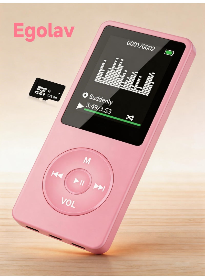 Egolav Bluetooth MP3 player, equipped with 128GB memory card, 1.8-inch display, built-in speaker, FM radio support, recording, e-book compatibility. Specially designed for sports and running, good gifts, friends/classmates/birthday gifts, portable media player (pink) - Image 1