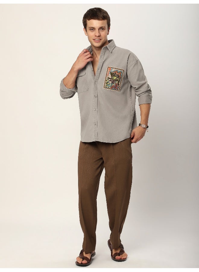 Beyoung Pale Grey Embroidered Applique Patch Shirt  - Image 5