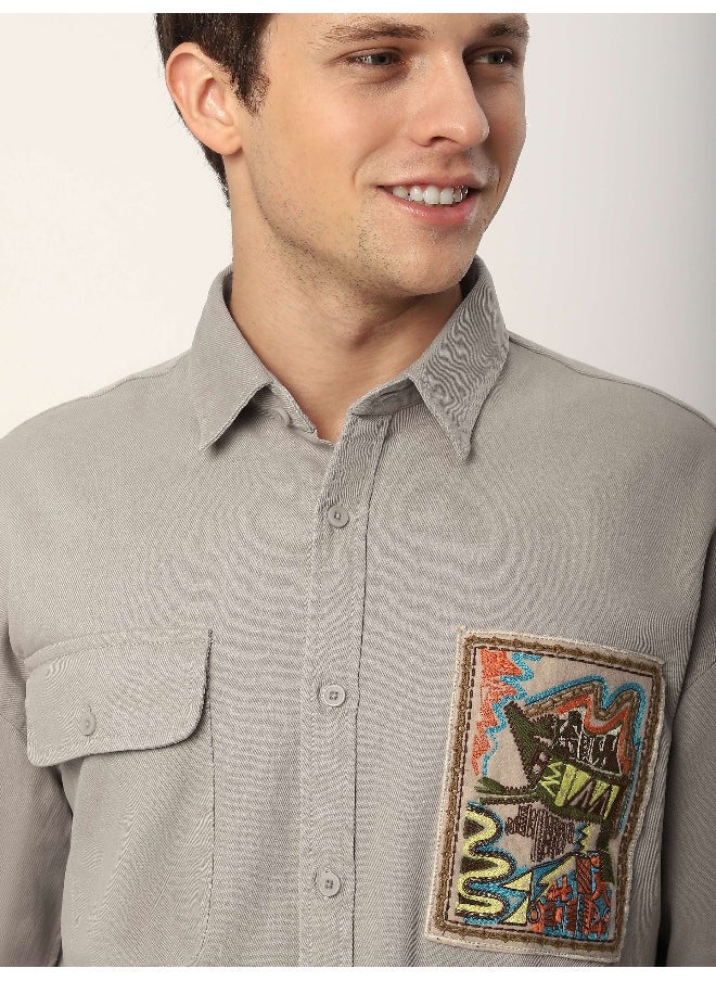 Beyoung Pale Grey Embroidered Applique Patch Shirt  - Image 1