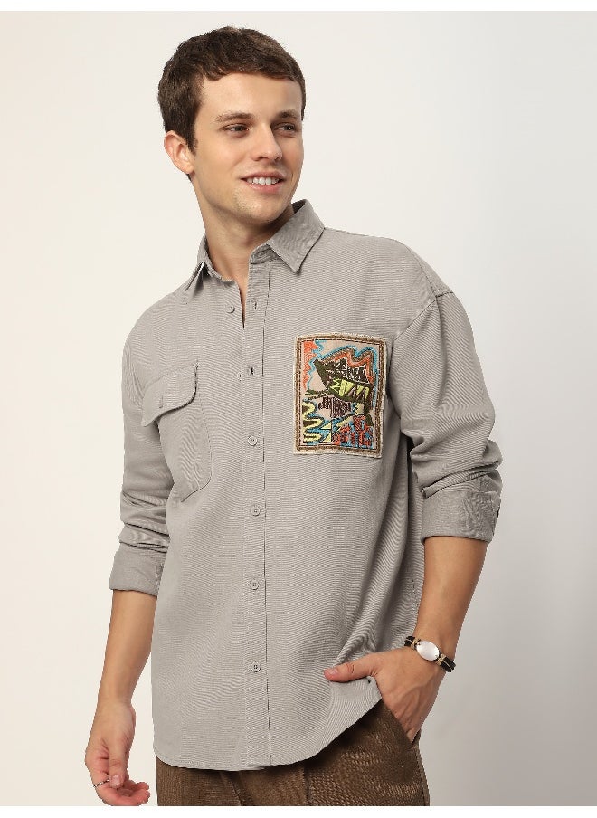 Beyoung Pale Grey Embroidered Applique Patch Shirt  - Image 2