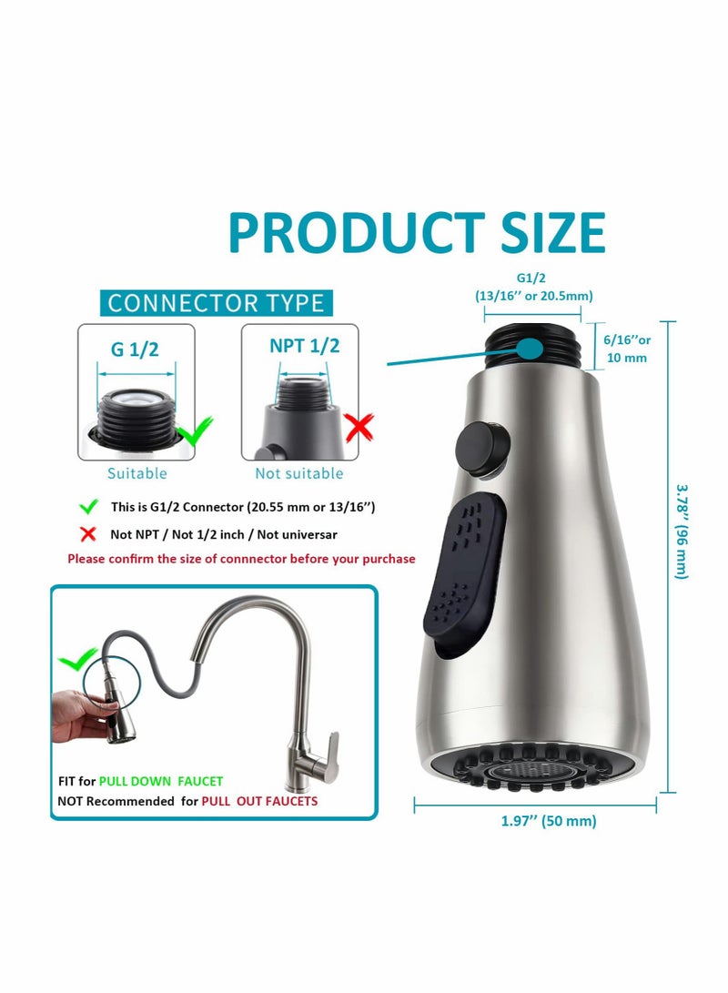 Zikra Kitchen Faucet Spray Head, Pull Out Spray Head Replacement Part, 3 Modes Water Saving Splash-Proof Kitchen Tap Shower Head for Kitchen Mixer Tap Universal G 1/2 (Brushed Nickel) - Image 5