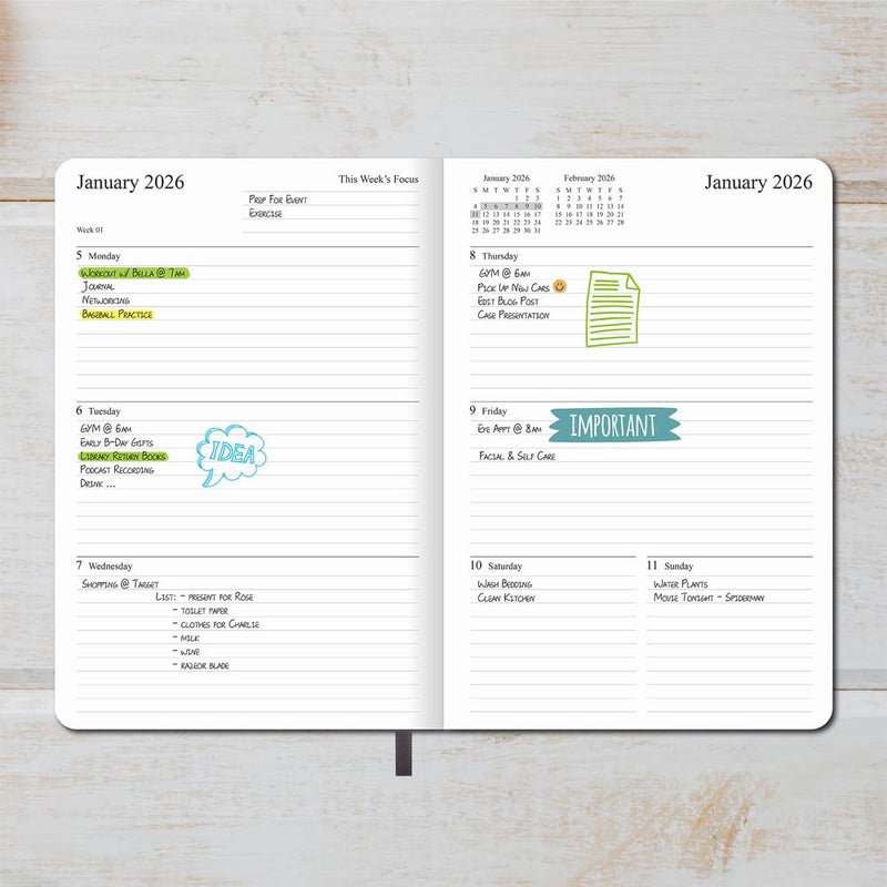 Fan&Ran 2026 Planner - Weekly and Monthly Planner, Jan 2026 - Dec 2026, Holidays, Contacts and Notes Pages, Vegan Leather Cover, Elastic Closure, 5.5â€x8.25â€, Grey - Image 1