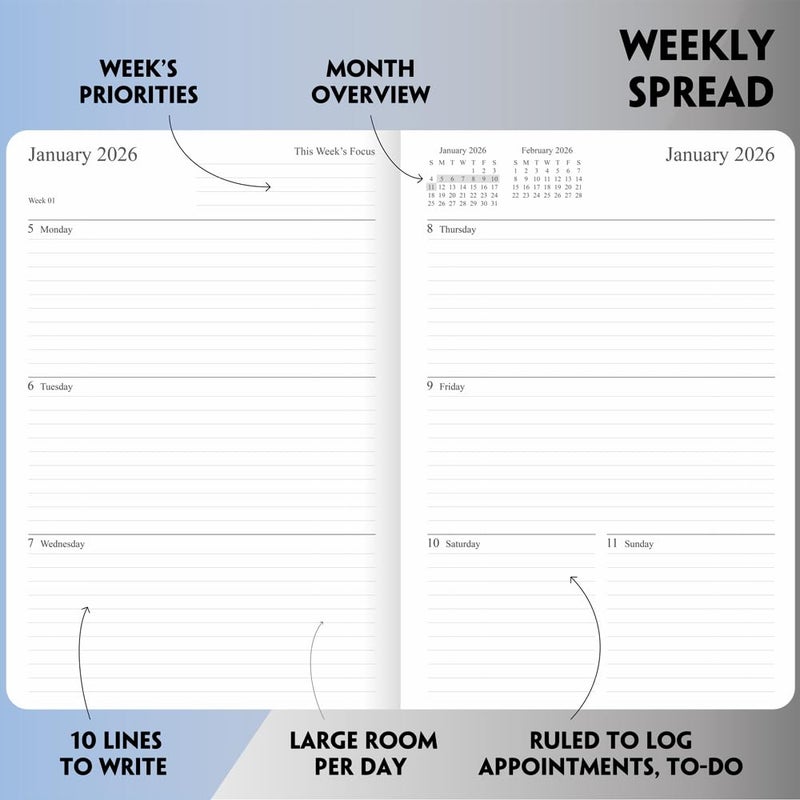Fan&Ran 2026 Planner - Weekly and Monthly Planner, Jan 2026 - Dec 2026, Holidays, Contacts and Notes Pages, Vegan Leather Cover, Elastic Closure, 5.5â€x8.25â€, Grey - Image 3