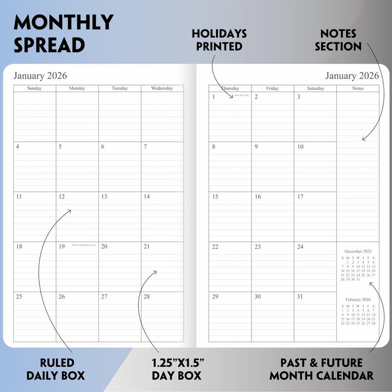 Fan&Ran 2026 Planner - Weekly and Monthly Planner, Jan 2026 - Dec 2026, Holidays, Contacts and Notes Pages, Vegan Leather Cover, Elastic Closure, 5.5â€x8.25â€, Grey - Image 4