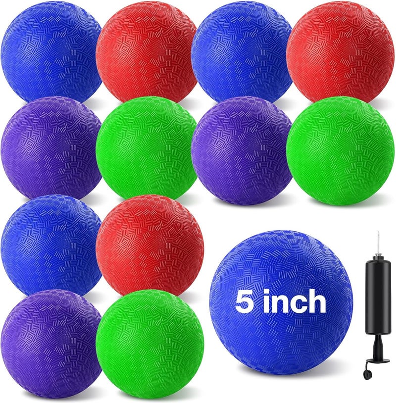 HSLCGF 12 Pcs Dodgeballs 5 Inch Kickball Playground Ball 4 Colour Inflatable Rubber Handball Dodge Ball with 1 Hand Pump for Outdoors Ball Games Gym Camps Picnic (Needle is at The Top of The Pump) - Image 1