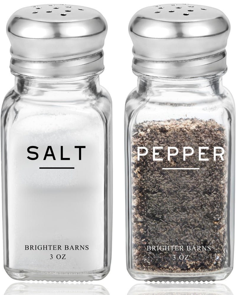 Brighter Barns Glass Salt and Pepper Shakers Set by Brighter Barns - Modern Kitchen Decor, Dining Table Countertop Accessory - Rustic, Farmhouse, Vintage Glass Shakers with Stainless Steel Lids for Home, Restaurant - Image 1
