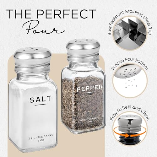 Brighter Barns Glass Salt and Pepper Shakers Set by Brighter Barns - Modern Kitchen Decor, Dining Table Countertop Accessory - Rustic, Farmhouse, Vintage Glass Shakers with Stainless Steel Lids for Home, Restaurant - Image 4