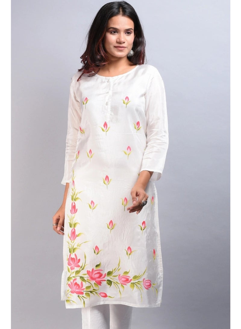 DAVANCHY Women Ethnic Wear Silk Kurta & Hand Brush White Kurta Party Wear Kurta Designer Elegant Kurta - Image 1
