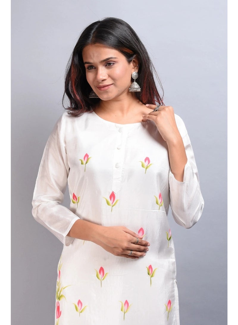 DAVANCHY Women Ethnic Wear Silk Kurta & Hand Brush White Kurta Party Wear Kurta Designer Elegant Kurta - Image 4